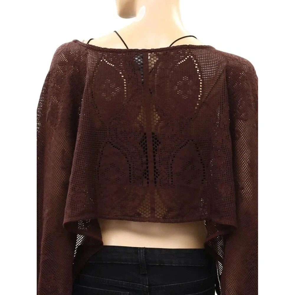 Free People Elsa Poncho Cropped Top Sheer Crochet Lace Pullover Beach OS 290718